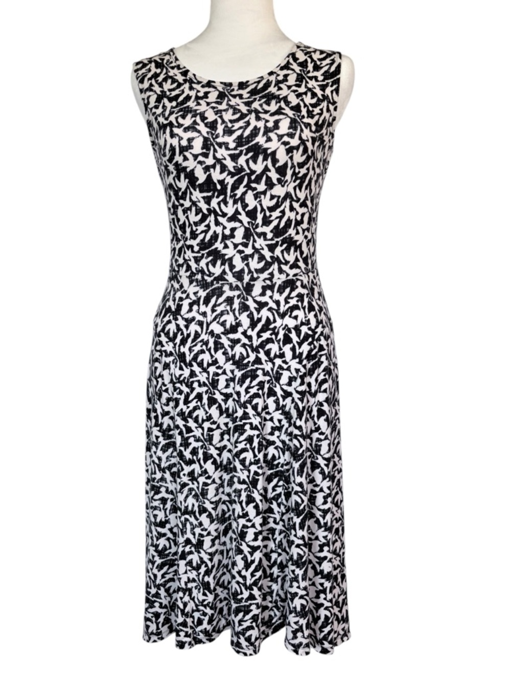 Joe Fresh Navy White Bird-Print Sleeveless Midi Fit and Flare Flowy Dress Sz S